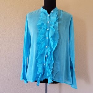 Boho Blue Gauze Ruffle Button Down Shirt Bell Sleeve size S NWOT